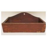 1102	ANTIQUE COUNTRY PINE HANGING BOX IN RED, APPROXIMATELY 13 IN X 7 1/2 IN X 5 1/4 IN HIGH