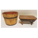 1112	COUNTRY SMALL WOOD PAIL & STOOL, PAIL APPROXIMATELY 12 IN X 9 IN HIGH