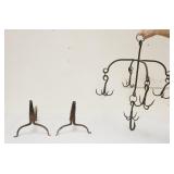 1127	PAIR OF HAND FORGED FIREPLACE ANDIRONS & HANGING MEAT HOOK