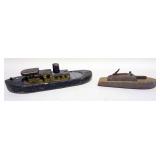 1133	LOT OF 2 WOOD TOY BOATS, TUG BOAT & BOAT WING GUN, LARGEST APPROXIMATELY 4 IN X 14 IN X 4 IN