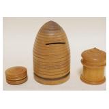 1137	TREENWARE GROUP OF ASSORTED SMALL COVERED BOXES & BEHIVE BANK, TALLEST APPROXIMATELY 4 IN, HIVE
