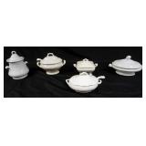 1141	GROUP OF 5 IRONSTONE SMALL COVERED TUREENS, BUTTER DISH & SUGAR, TALLEST APPROXIMATELY 8 1/2 IN