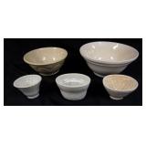 1143	5 PIECE IRONSTONE LOT, 2 LARGE MIXING BOWLS & 3 FOOD MOLDS, LARGEST BOWL APPROXIMATELY 13 1/2 I