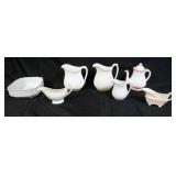 1144	7 PIECE IRONSTONE LOT, 2 PITCHERS, TEAPOT, 3 CREAMERS & SQUARE BOWL, TALLEST APPROXIMATELY 10 I
