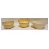 1151	LOT OF 3 EMBOSSED YELLOWARE MIXING BOWLS, LARGEST APPROXIMATELY 10 IN X 6 IN HIGH