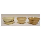 1157	LOT OF 3 SMALL YELLOWARE BOWLS W/BROWN & CREAM COLLAR BANDING, APPROXIMATELY 3 IN X 6 IN