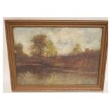 1174	ANTIQUE OIL PAINTING ON CANVAS, LANDSCAPE, ARTIST SIGNED, SMALL TEAR ON CANVAS, APPROXIMATELY 1