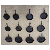 1189	13 PIECE LOT GRISWOLD CAST IRON FRYING PANS INCLDING 2 # 8, 3 #3, #7, 3 #4, #5 & VICTOR #6, ONE