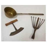 1193	PRIMITIVE LOT INCLUDING EEL GIG, BRASS LADLE & CHOPPER