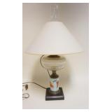 1201	ANTIQUE KEROSENE LAMP W/HAND PAINTED BASE, BURNER ELECTRIFIED, APPROXIMATELY 23 IN HIGH