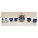 1212	GROUP OF ANTIQUE BLUE & WHITE TRANSFERWARE, 4 HANDLESS CUPS, COVERED SUGAR, SALT & PEPPER, SUGA