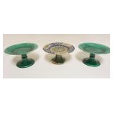 1216	MAJOLICA GROUP OF 3 COMPOTES, PAIR OF GREEN COMPOTES MARKED WEDGWOOD, APPROXIMATELY 8 1/2 IN X 