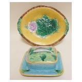 1218	MAJOLICA LARGE OVAL DAILY BREAD PLATE & COVERED DISH W/FISH ON LID, REPAIR TO TOP EDGE, DISH AP