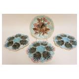 1219	MAJOLICA LOT OF 4 PLATES INCLDUING 3 OYSTER, LARGEST APPROXIMATELY 8 1/2 IN