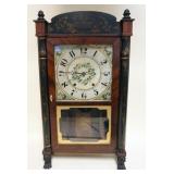 1224	M&E BLAKESEE SHELF CLOCK W/PAINT DECORATED CREST & COLUMN, GEAR HAS TOOTH BROKEN, APPROXIMATELY