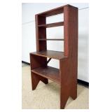 1257	ANTIQUE COUNTRY STEPBACK BUCKET BENCH IN RED WASHED FINISH & BOOT JACK SIDES, APPROXIMATELY 18 