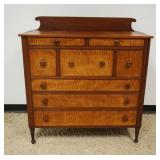 ANTIQUE COUNTRY SHERATON CHERRY CHEST, 8 DRAWER W/TIGER MAPLE DRAWER FRONTS & BACK SPLASH, APPROXIMATELY 20 IN X 46 IN X 49 1/2 IN