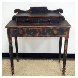 1264	ANTIQUE COUNTRY GRAIN PAINTED & STENCILED 3 DRAWER DRESSING TABLE W/SCROLLED BACK SPLASH & TURN
