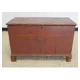 1268	DOVETAILED BLANKET BOX IN RED FINISH, LOCK LIFTED OUT & LOSS TO FEET, APPROXIMATELY 17 1/2 IN X