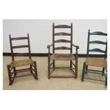 1274	GROUP OF 3 ANTIQUE LADDER BACK RUSH SEAT CHAIRS & ROCKER