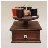 1301	PINE SEWING THREAD HOLDER W/DRAWER AT BASE, ONE SPOOL HOLDER MISSING, APPROXIMATELY 6 IN X 6 1/