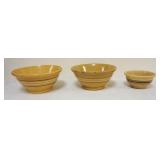 1308	LOT OF 3 YELLOWARE BANDED MIXING BOWLS, LARGEST APPROXIMATELY 10 IN X 5 IN