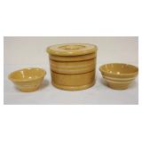 1309	YELLOWARE LOT INCLUDING 2 MINIATURE 5 IN X 2 1/4 IN HIGH BOWLS & 5 IN HIGH COVERED JAR