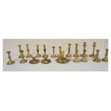 1310	LOT OF BRASS CANDLESTICKS INCLUDING 9 PAIRS & ONE PUSH UP, TALLEST APPROXIMATELY 7 1/4 IN HIGH