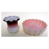 1330	2 PINK SATIN CASED GLASS SMALL BOWL AND TOOTH PICK, TALLEST APPROXIMATELY 2 1/2 IN 