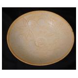 1011	ASIAN THIN POTTERY BOWL W/INCISED VINE W/LEAVES & FISH DECORATION, APPROXIMATELY 10 1/2 IN X 3 