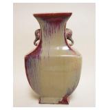1014	CHINESE FLAMBE GLAZE PORCELAIN VASE W/ELEPHANT HEADS, APPROXIMATELY 13 1/2 IN HIGH