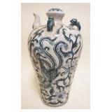 1045	CHINESE BLUE & WHITE POTTERY VESSEL W/SPOUT, IMAGES OF BIRDS & FLOWER
