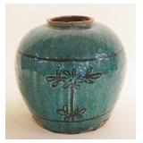 1049	ASIAN TEAL GLAZED POTTERY POT W/DECORATED ACCENTS, APPROXIMATELY 9 IN HIGH
