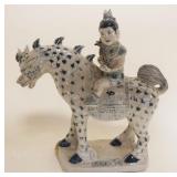1053	CHINESE POTTERY FIGURE OF MAN SEATED ON HORSE, APPROXIMATELY 4 IN X 12 IN X 12 IN