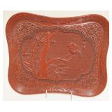 1064	CHINESE RED CINNABAR TRAY W/RELIEF IMAGE OF BIRD ON A BRANCH, APPROXIMATELY 12 IN X 14 IN