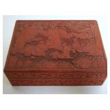 1066	CHINESE RED CINNABAR COVERED BOX, APPROXIMATELY 5 1/4 IN X 7 1/2 IN X 2 IN HIGH