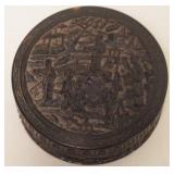 1068	INTRICATELY CARVED ROUND COVERED BOX, APPROXIMATELY 2 3/4 IN X 1 IN HIGH