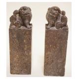 1076	CARVED ASIAN SOAPSTONE FOO DOGS W/CHARACTER MARKS, APPROXIMATELY 2 1/4 IN SQUARE X 7 1/4 IN HIG