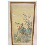 1082	LARGE FRAMED PAINTING ON SILK OF EXOTIC BIRDS AND FLOWERS, APPROXIMATELY 21 1/2 IN X 41 1/2 IN 