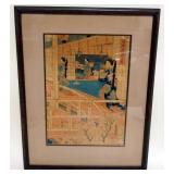 1087	JAPANESE WOOD  BLOCK PRINT APPROXIMATELY 16 IN X 21 IN OVERALL