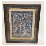 1104	FRAMED EMBROIDERED CHINESE SILK, APPROXIMATELY 15 IN X 18 IN OVERALL, SOME STAINING