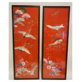 1107	PAIR OF ASIAN SILK EMBROIDERED TEXTILES, IMAGES OF CRANES AND FLOWERS, EACH APPROXIMATELY 13 1/