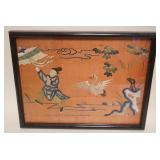 1112	FRAMED CHINESE EMBROIDERED SILK, MAN WITH KITE FOLLOWED BY STORK, APPROXIMATELY 13 IN X 17 IN O