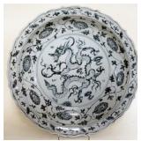 1120	LARGE ASIAN PORCELAIN BOWL WITH IMAGES OF DRAGONS, APPROXIMATELY 16 IN X 3 IN H