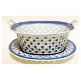 1132	CHINESE CANTON PORCELAIN DOUBLE HANDLED BASKET WITH RETICULATED EDGE UNDER PLATE, APPROXIMATELY