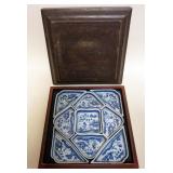 1149	CHINESE CANTON PORCELAIN DIVIDED DISHES IN LACUERED BOX, BOX APPROXIMATELY 12 IN SQ X 4 1/2 IN 