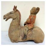 1165	CHINESE TERRACOTTA 2 PART POLYCHROME DECORATED MAN ON HORSE, BODY APPROXIMATELY 8 IN X 20 IN X 