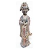 1181	CHINESE TERRACOTTA POLYCHROME DECORATED FIGURE OF A WOMAN, APPROXIMATELY 18 IN H