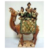1185	CHINESE TERRACOTTA FIGURE OF CAMEL WITH MUSICIANS RIDING ON TOP, APPROXIMATELY 6 IN X 17 IN X 2