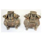 1188	CHINESE TERRACOTTA POLYCHROME DECORATED DOUBLE RAM HEADS POTS, EACH APPROXIMATELY 9 IN X 18 IN 